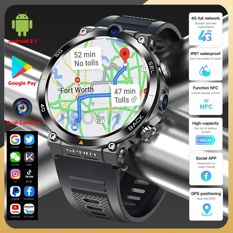4G Network Dual Camera Smart Watch 1.39 Pollici Gps Wifi Sim Nfc Rugged 64G-Rom Google Play Ip67 Android Uomo Donna Smartwatch