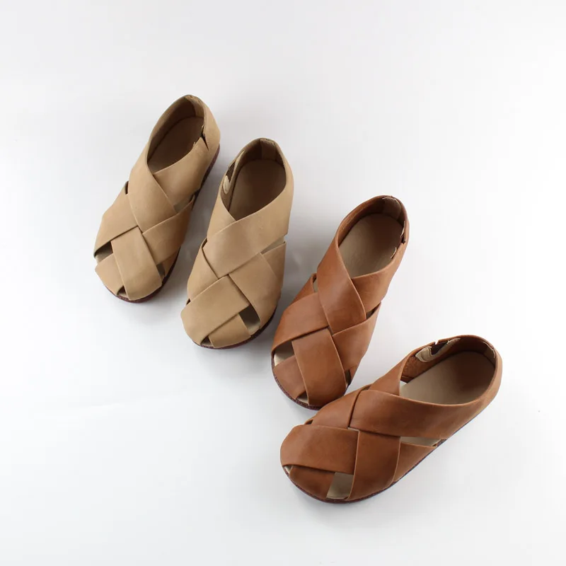 

Brown apricot Coffee Woven Women's Leather Shoes Flat Sandals Summer Women's Shoes Leather