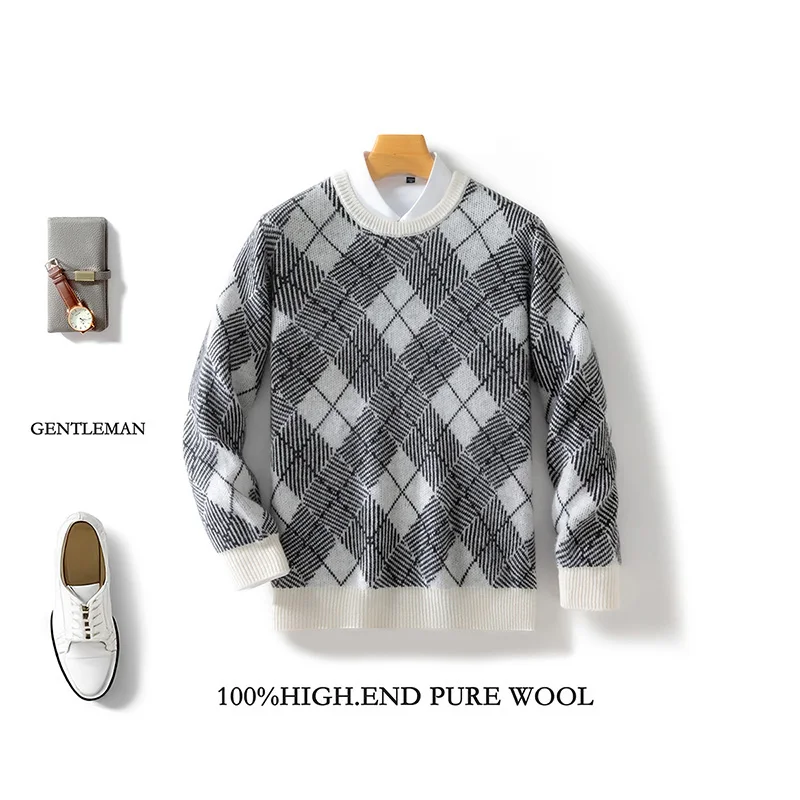 Autumn Winter Men's 100% Merino Wool Multicolor Sweater Round Neck Pullover Cashmere Thickening Tops Long Sleeve Knitwear Soft 4