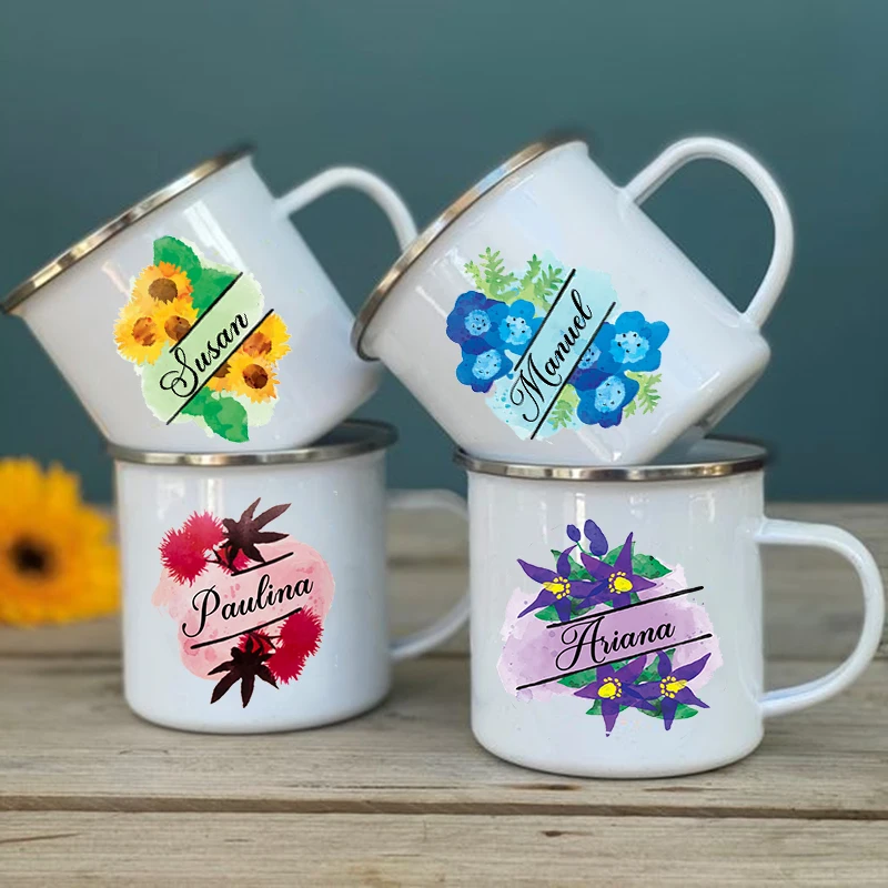 

Personalized Enamel Mug Custom Name Flower Coffee Wine Mugs Camping Cups Wedding & Birthday & Christmas & Holiday Gifts for Her