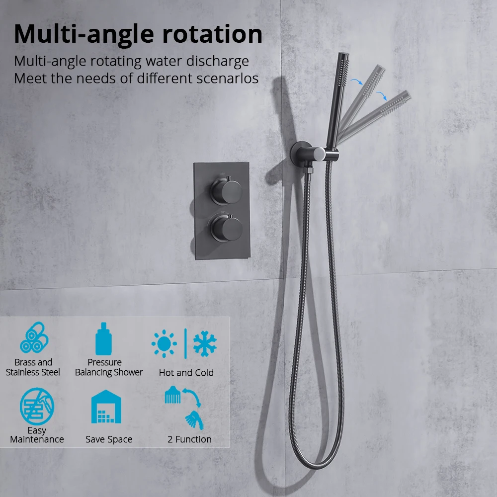 Gunmetal Thermostatic Shower Faucet 8-12 Square Rainfall Head Bathroom Mixer Set Wall Mounted Tap Constant 38°C Control Support 4