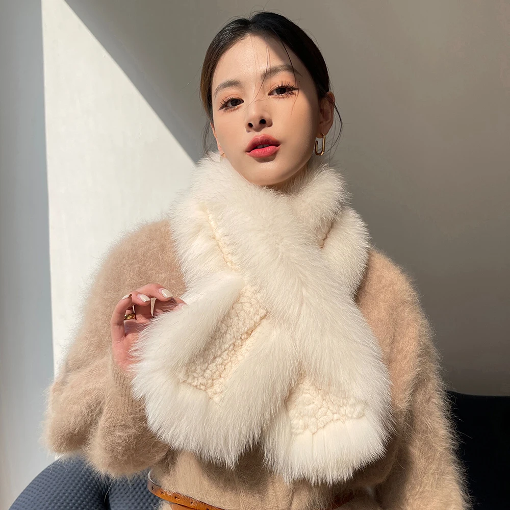 

2022 Fashion Women Real Fur Scarves Winter Warm Soft Knitted Genuine Rex Rabbit Fox Fur Wraps Shawls