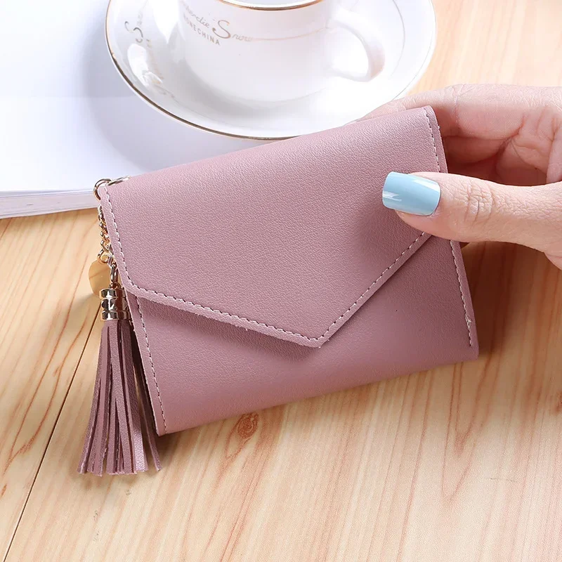 

New Thin Small Three Fold Women's Purse Tassel Pendant Lychee Print Money Clip Card Bag Coin Purse Women's Short Purse