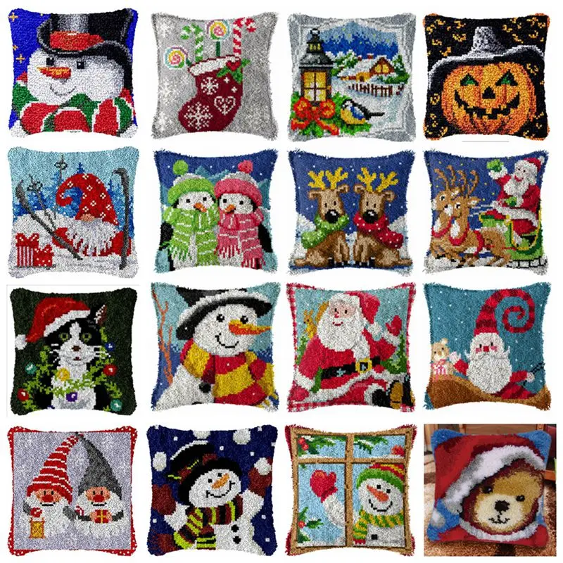 Christmas Snowman Latch Hook Kit Mats Cushion Pillow DIY Crafts Needlework Button Package Cushion Embroidery Latch Hook Carpet