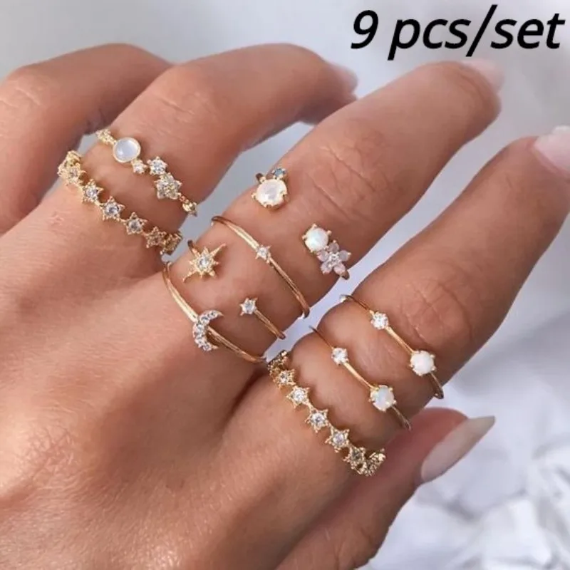 Vintage Color Gold Crystal Star Moon Rings 1