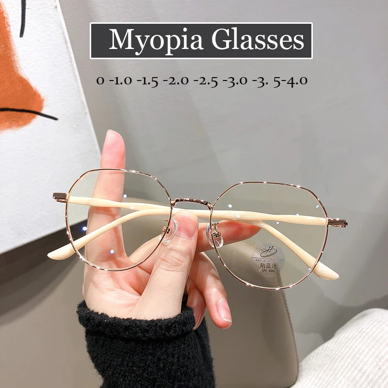 

Anti Blue Light Metal Round Myopia Glasses Women Men Computer Minus Eyeglasses Finished Optical Prescription Near Sight Eyewear