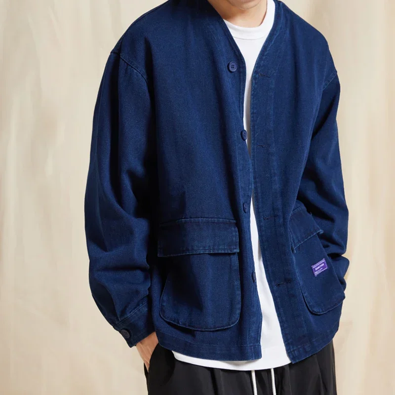 Ready To Wear Sand Washing Japanese Simple Style Blue Dyed Cardigan Jacket New Collarless Casual Coat Men's Fashion