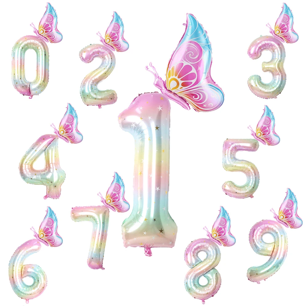 40 Zoll Farbverlauf bunte große Zahl 1-9 Folienballon rosa Schmetterlingsballons für Mädchen Fee Geburtstagsdekoration Partyzubehör – Detail 3