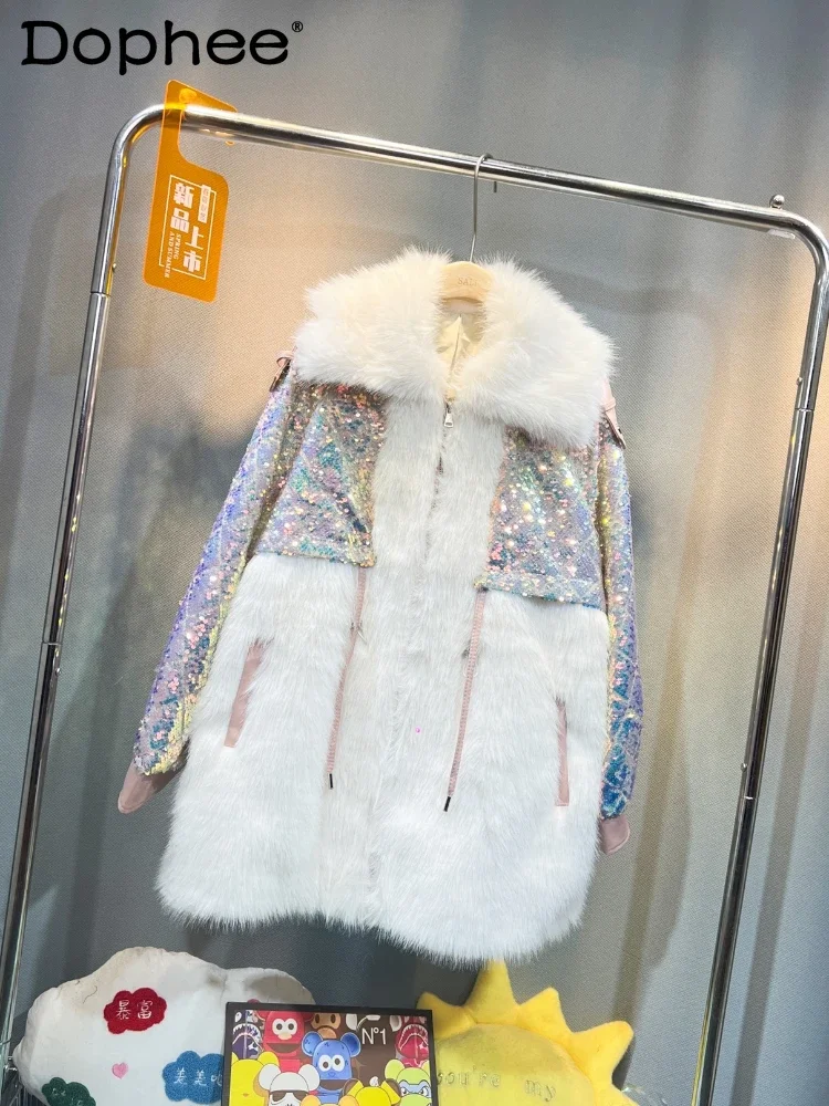 

Heavy Embroidery Sequins Stitching Mink Fur Coat for Women 2023 Winter New Loose Mid-Length Imitation Fox Fur Thick Warm Jacket