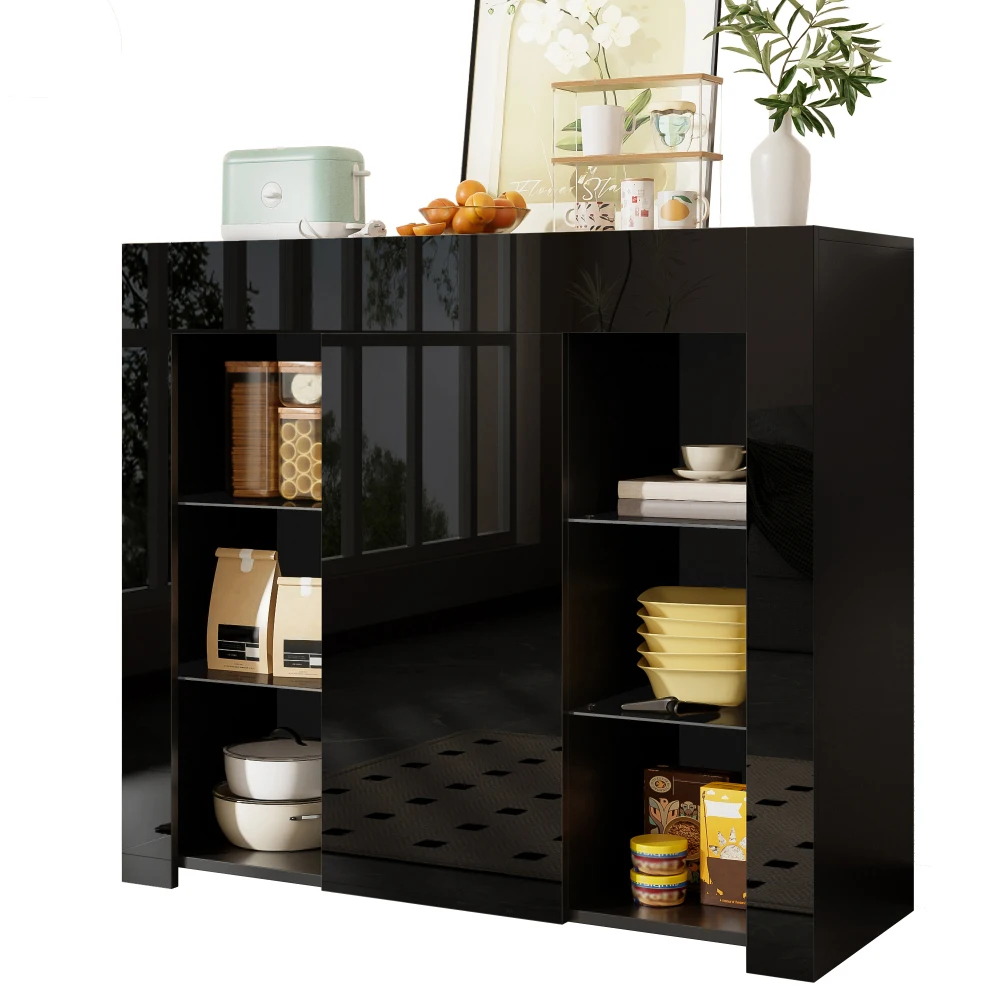 PINGGO Modernes Schwarzes Buffet Hochglanz-Finish Kompakte Glasregale Schranktür Wohn- Esszimmer Küche Aufbewahrungslösung – Detail 1
