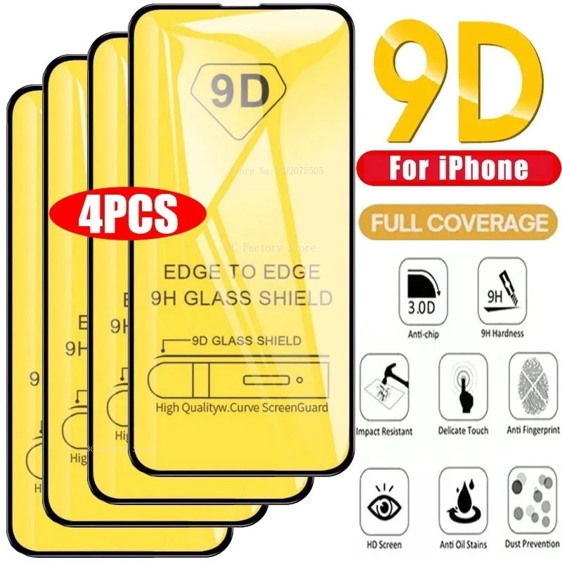 

Защитное стекло 9D для IPhone 14, 15 Pro Max, 15, Ultra 11, 12, 13 Pro, 4 шт.