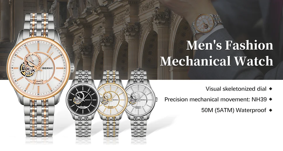 BERNY Automatische Herrenuhr Voll Edelstahl Mechanische Armbanduhr High-end-Luxus Mann Uhren NH39 Perspektive Saphir – Detail 1