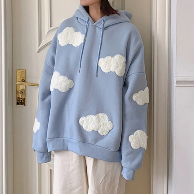 Blue Sky White Clouds Soft Stylish Hooded Tops Women Autumn Winter Long Sleeve Casual Pullover 2022 Lady Jumper Loose Sweatshirt auspicious clouds and chinese dragon print kimono xl ocean blue