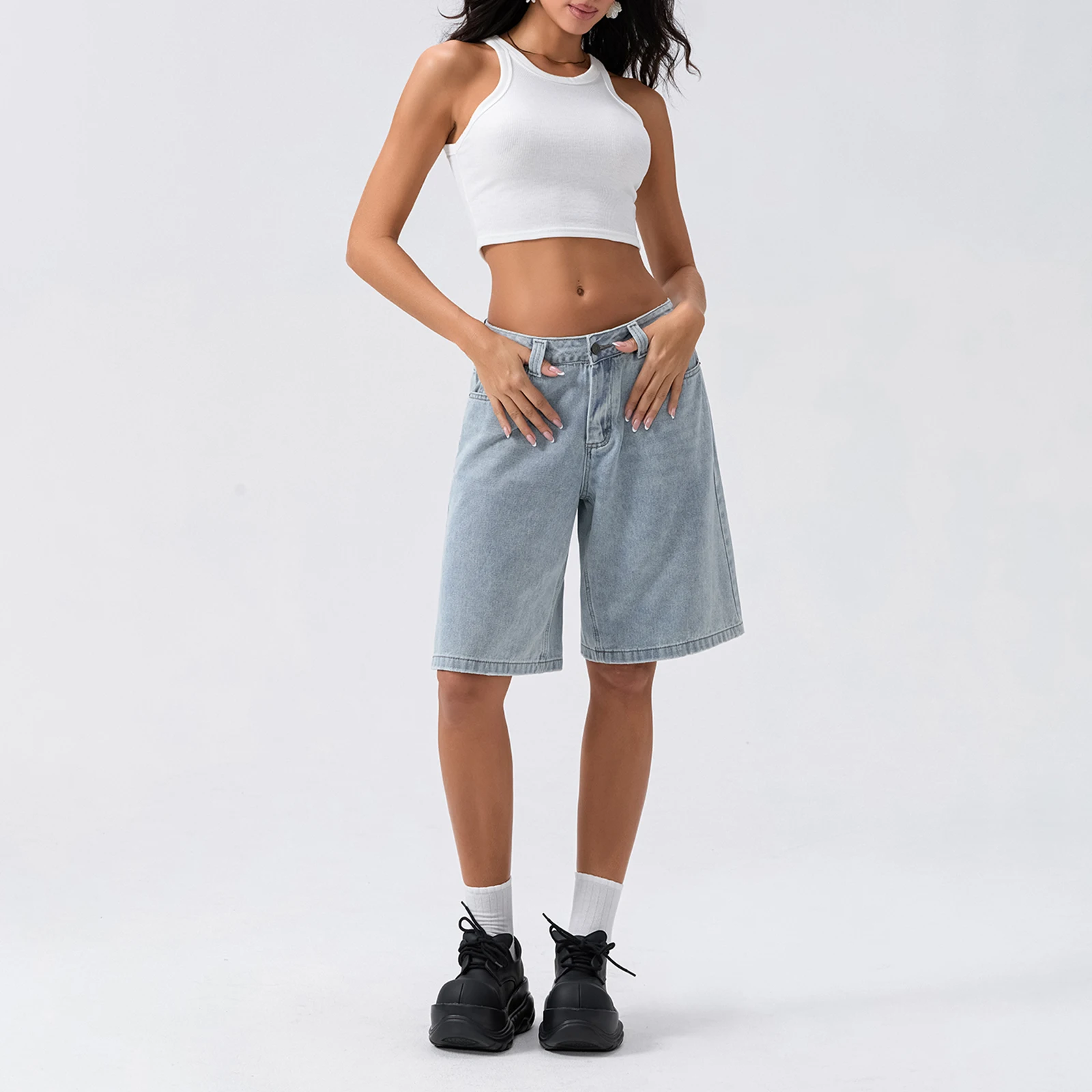New Fashion Womens Knee Length Denim Shorts Loose Solid Color Low Rise Wide Leg Long Shorts With Pockets For Summer S-2XL