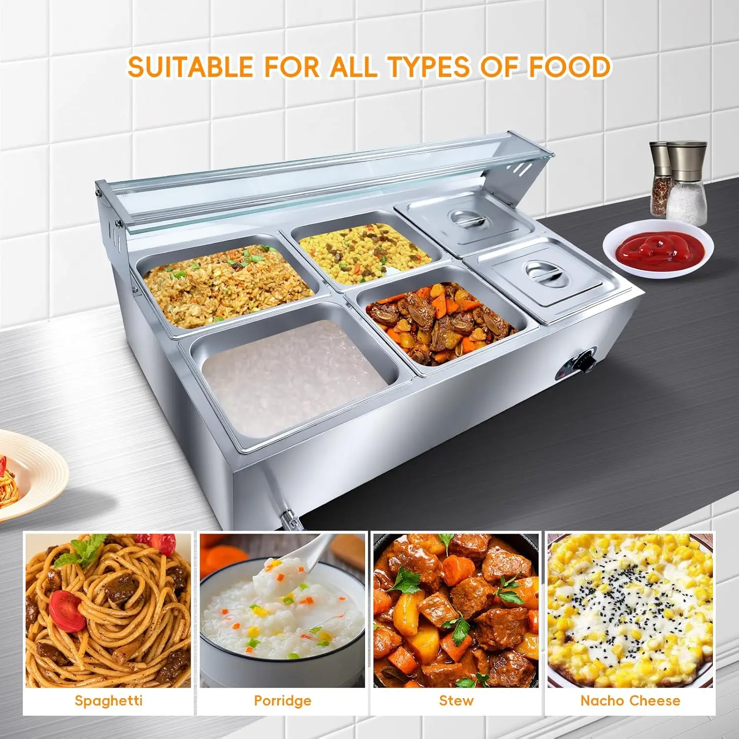 Commercial Food Warmer, 72 Qt Electric Bain Marie with 6" Deep Pans,Steam Table with Tempered Glass Cover, 1500W Countertop Stai 5