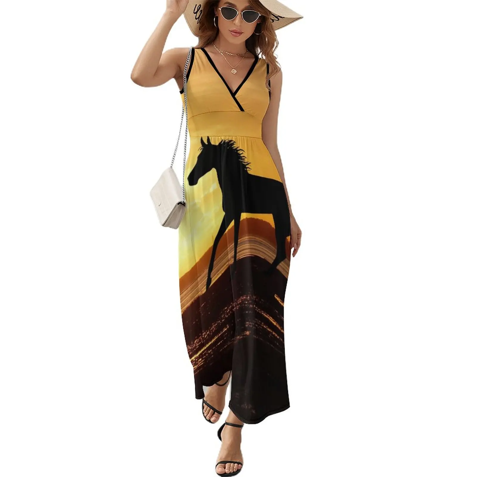 

Beautiful sunset horses on the summer sand beach Sleeveless Dress dress women summer 2024 Evening gown Clothing Dress woman