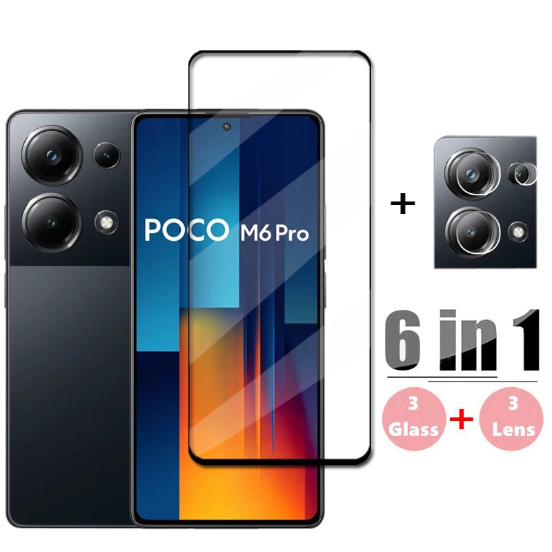 6in1 Glass For Poco M6 Pro Tempered Glass Poco M6 Pro Screen Protector HD Protective Full Cover Phone Lens Film Poco M6 Pro