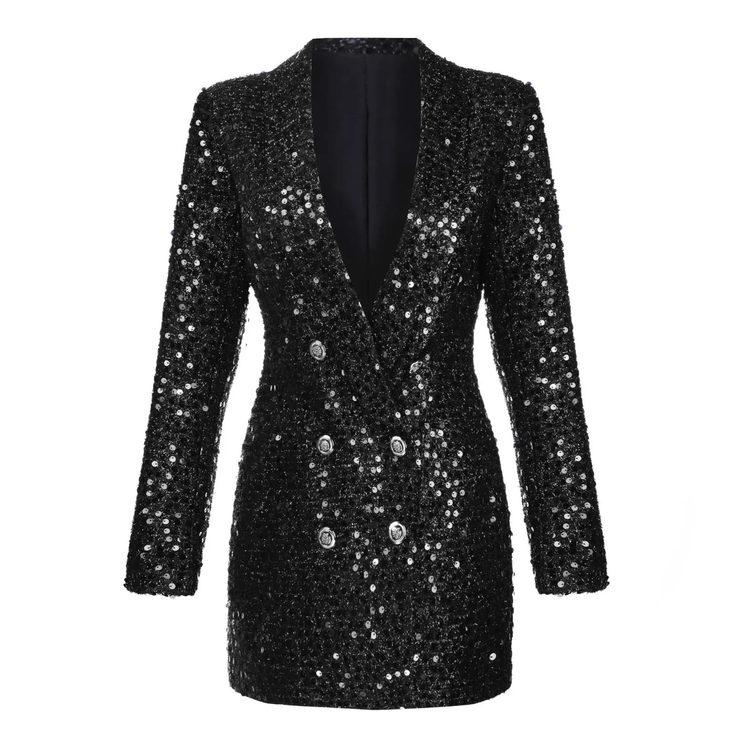 Sequin Blazer Button Sequin Shawl Lapel Slim Fit Jacket Black