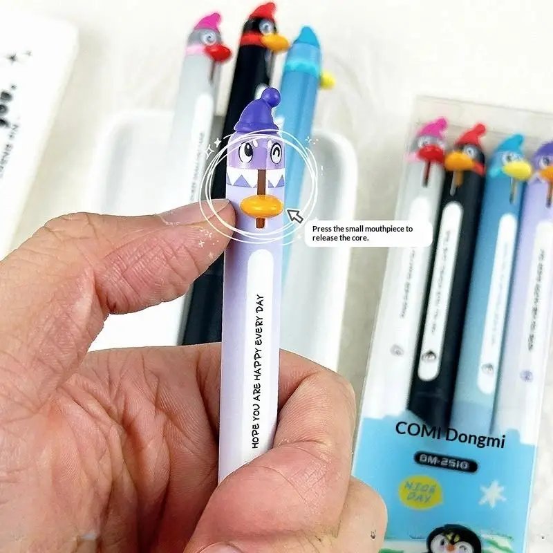새로운 4Pcs 0.5mm 블랙 파인 포인트 개폐식 빠른 건조 부드러운 쓰기 펜 크리 에이 티브 펭귄 디자인 젤 펜 편지지