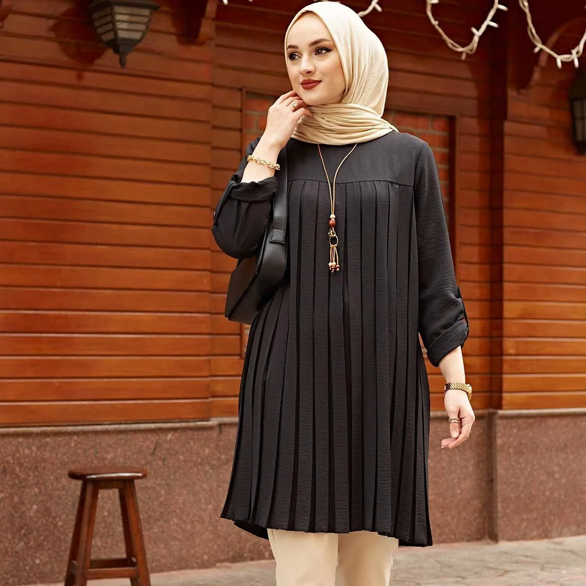 Casual dress with pleats in solid color, Islamic, plus size, women's clothing, Middle East jacket, Ramadan, Eid, jalabiya, Turkey, Dubai, salamek.
