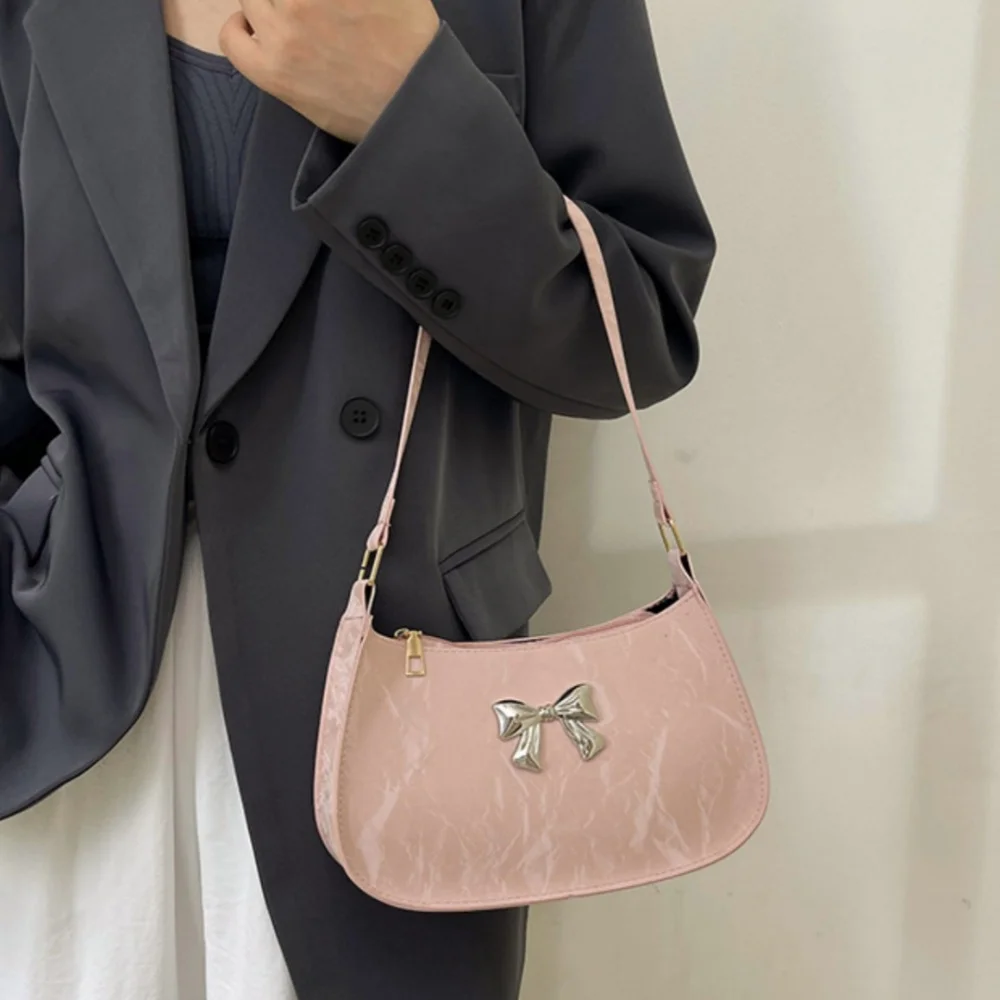 Trendy Korean Bowknot Armpit Bag Solid Color Y2k Bow Underarm Bag Sweet Pu Leather Women's Handbag Female bolsos de mujer 가방
