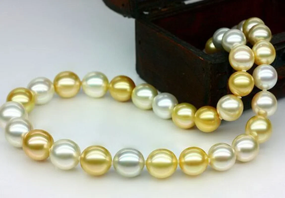 

Huge Charming 18"10-11mm Natural Sea Genuine White Golden Round Pearl Necklace for Women Jewely Sterling Silver 925