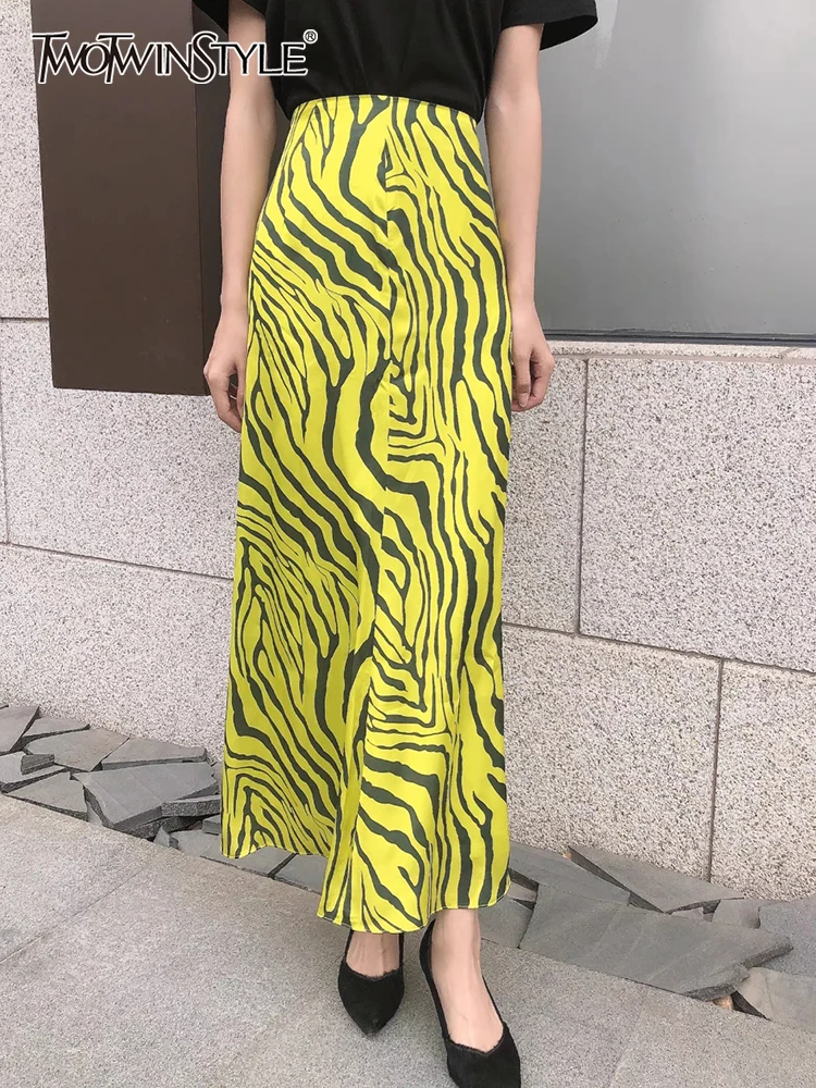

TWOTWINSTYLE Colorblock Print Skirt For Women High Waist Patchwork Casual Midi A Line Bodycon Dresses Female Summer Fashion New