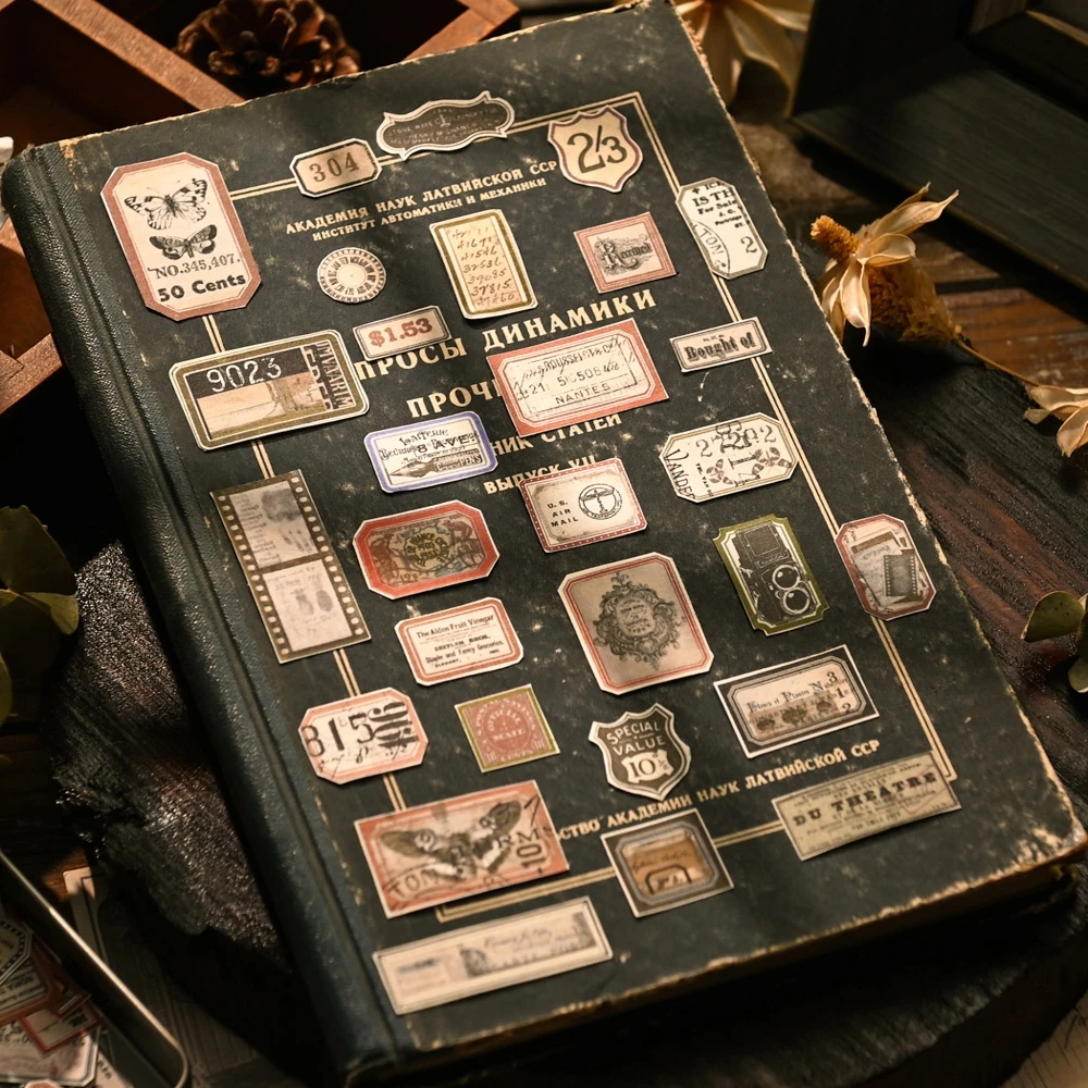 Vintage Stickers 100 pieces with Metal Box Junk Journal Ephemera Decorative Album Ticket Label Stickers Scrapbooking Material