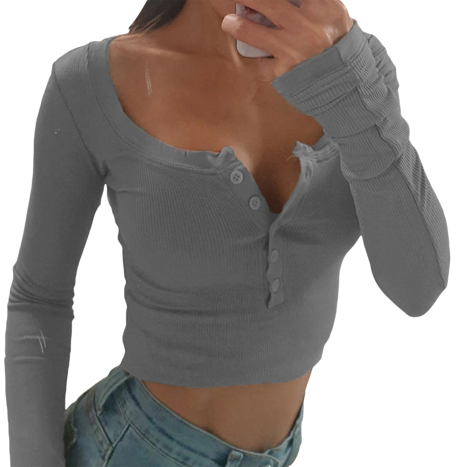 Chemise Henley tricotée pour femmes, nouvelle mode, décontractée, couleur unie, rétro, 1/2 boutons, manches longues, haut court, Streetwear, Clubwear