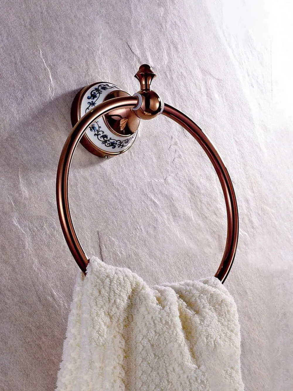 NEW Bathroom Accessory Wall Mounted Luxury Rose Golden Copper Brass Ceramic Flower Pattern Towel Ring Towel Rack Holder aba386