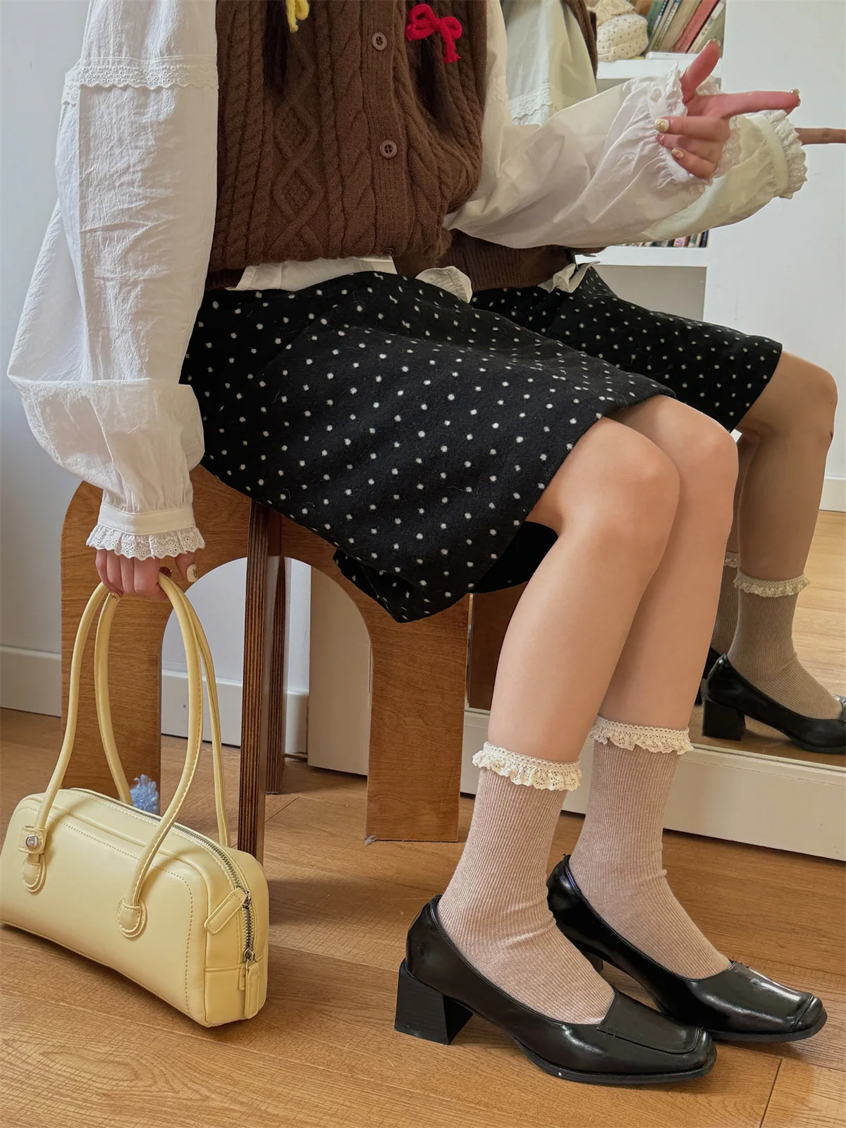 Sp & city süße Spitze Mid Tube Damen Socken Ballett Stil Doppeln adel gestapelte Socken Mode College lässig atmungsaktive süße Socke – Detail 7