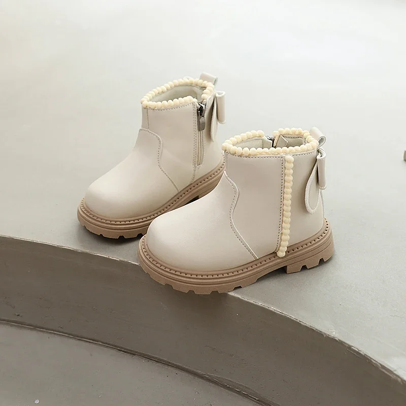 Girls Leather Ankle Boots with Bowknot for Kids