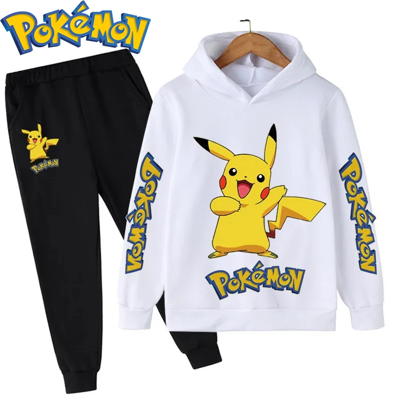 Pokemon Cartoon Anime Hoodies Pikachu Boy Girl Hoodie Suit Cotton Kids Hooded Sportswear Set Pants Boys Clothes Christmas Gifts