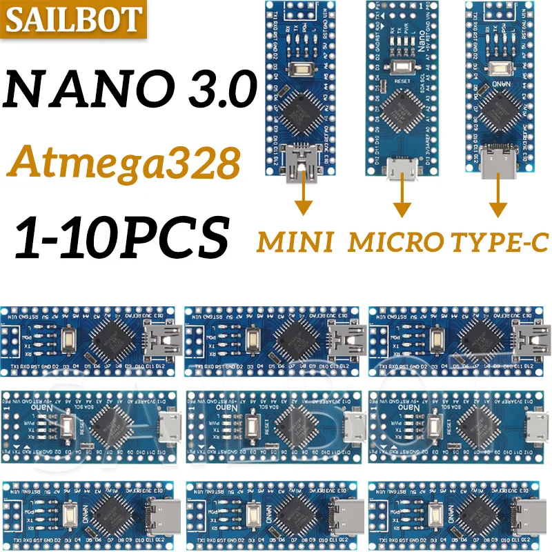 10-1PCS Nano 3.0 With the bootloader compatible controller CH340 USB driver Mini / Type-C / Micro 16Mhz ATMEGA328P for Arduino
