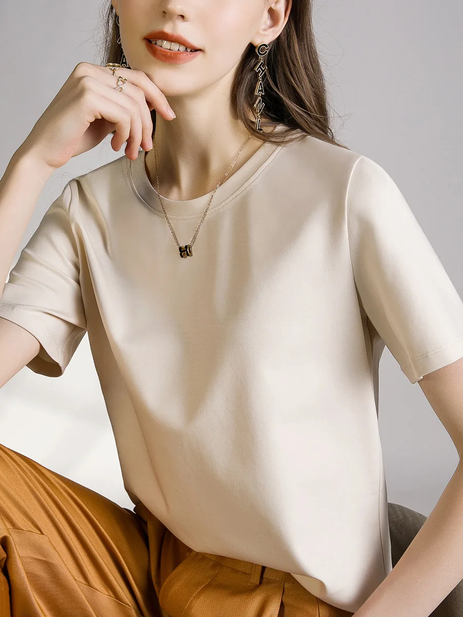 80 Pieces Liquid Ammonia Silk Cotton White Short Sleeved Shoulder T-shirt for Women's Spring/summer V-round Neck Basic Top 1