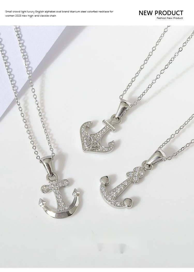 Collana semplice in acciaio al titanio con nave pirata vintage, stile hip hop, ancora, punk, non sbiadisce, con zircone femminile, catena per clavicola con senso avanzato_voghion.com
