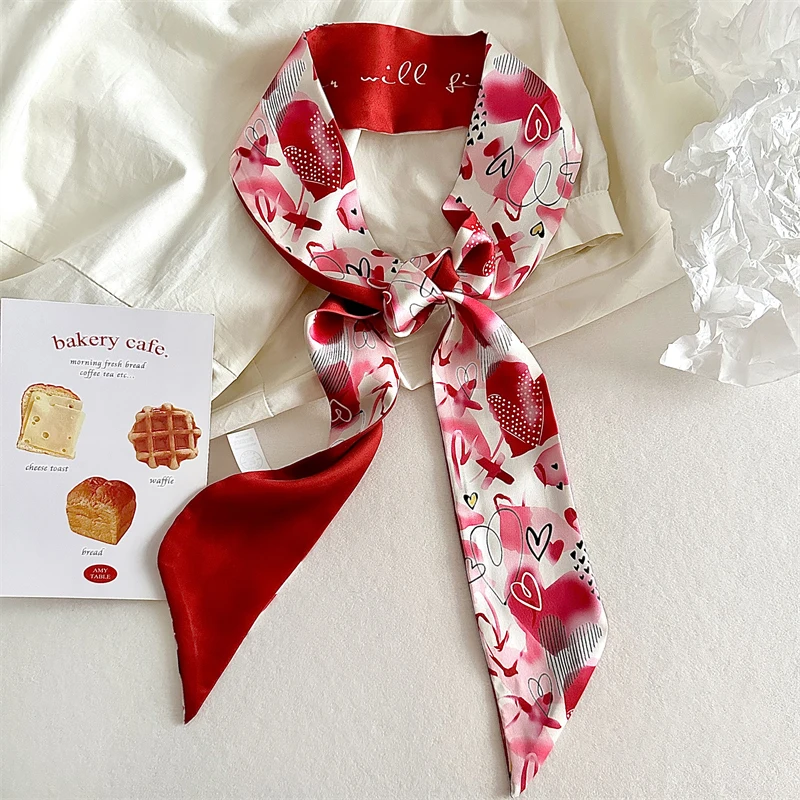 Luna&Dolphin Women Spring Skinny Long Scarf Red White Felower Love Print Chiffon Silk Tie Bag Ribbon Headband Choker 4