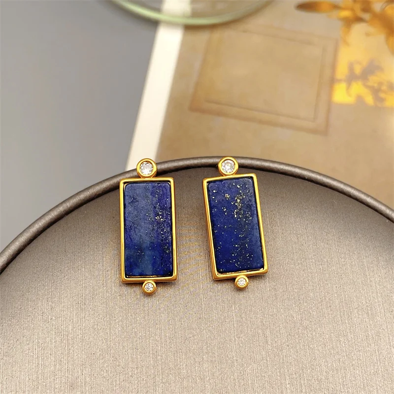 

European And American Retro Geometric Shape Inlaid Lapis Stud Earrings For Women Personality Fashion Earrings Jewelry Wholesale