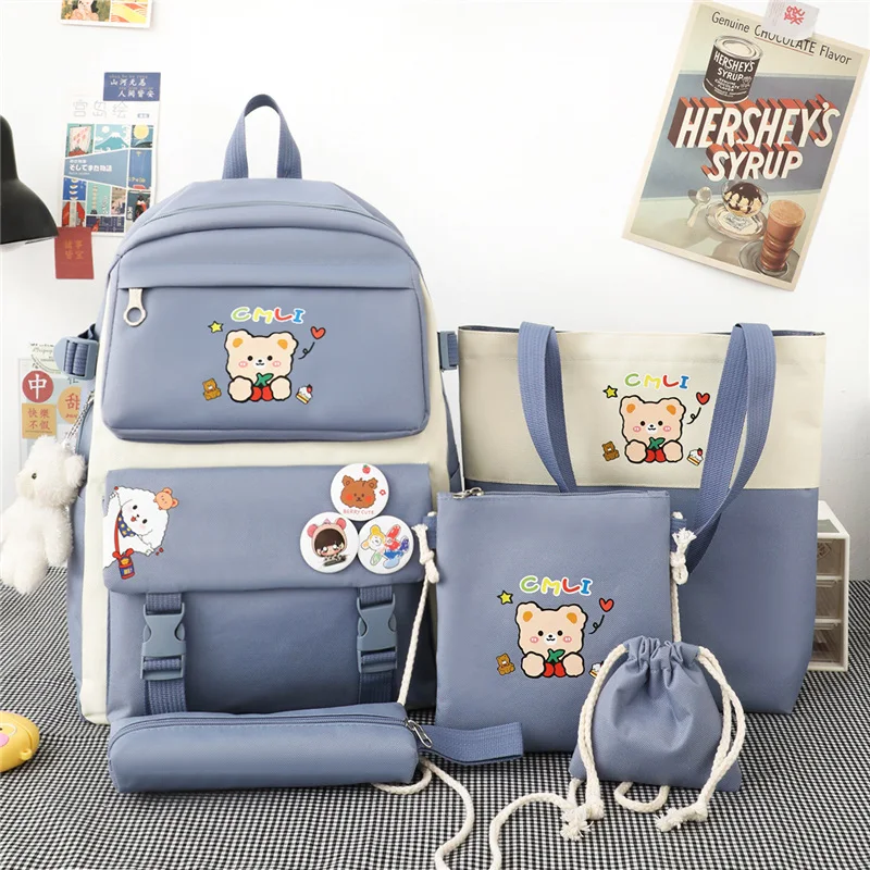 

5 pieces set Kawaii bookbag cute stamp school bags for girls backpack for girls kids women backpack Children's School Backpack