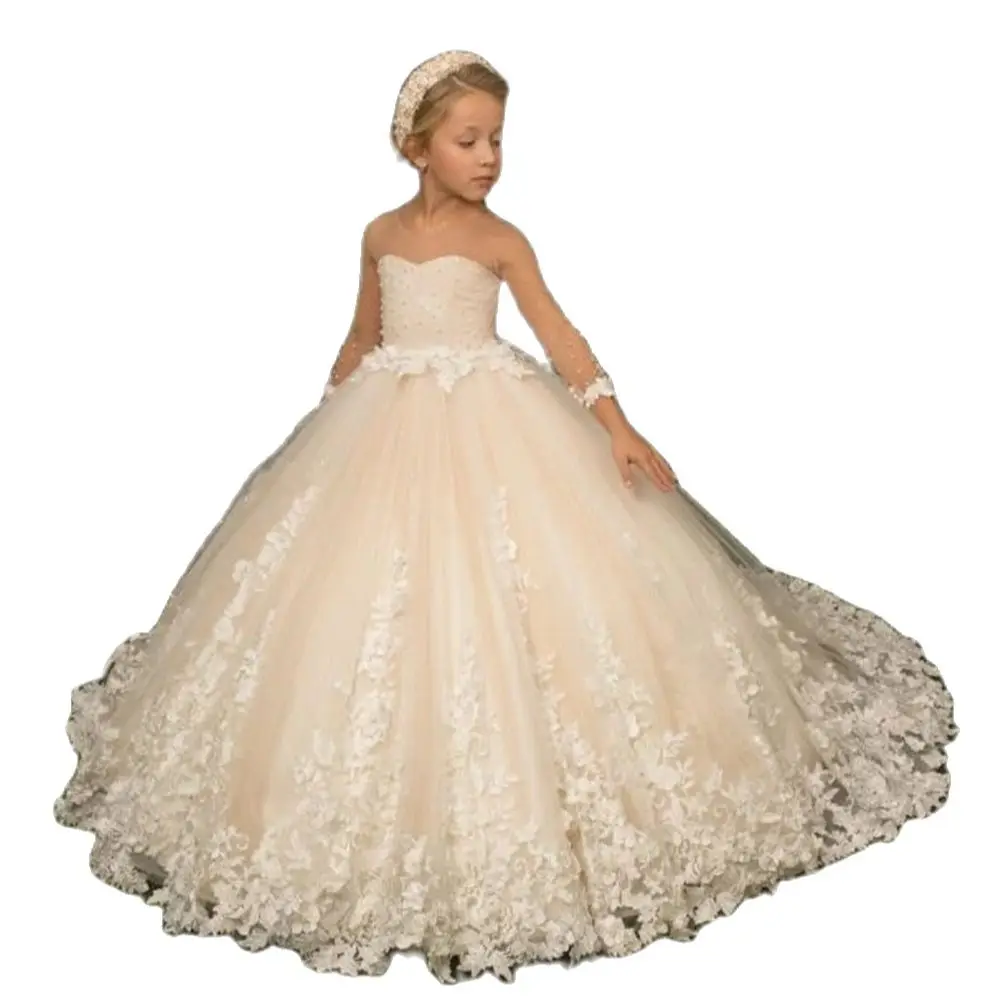 

Classic Flower Girl Dress With Bow Lace Appliques Long Sleeve For Wedding Birthday Ball Gown First Holy Communion Dresses