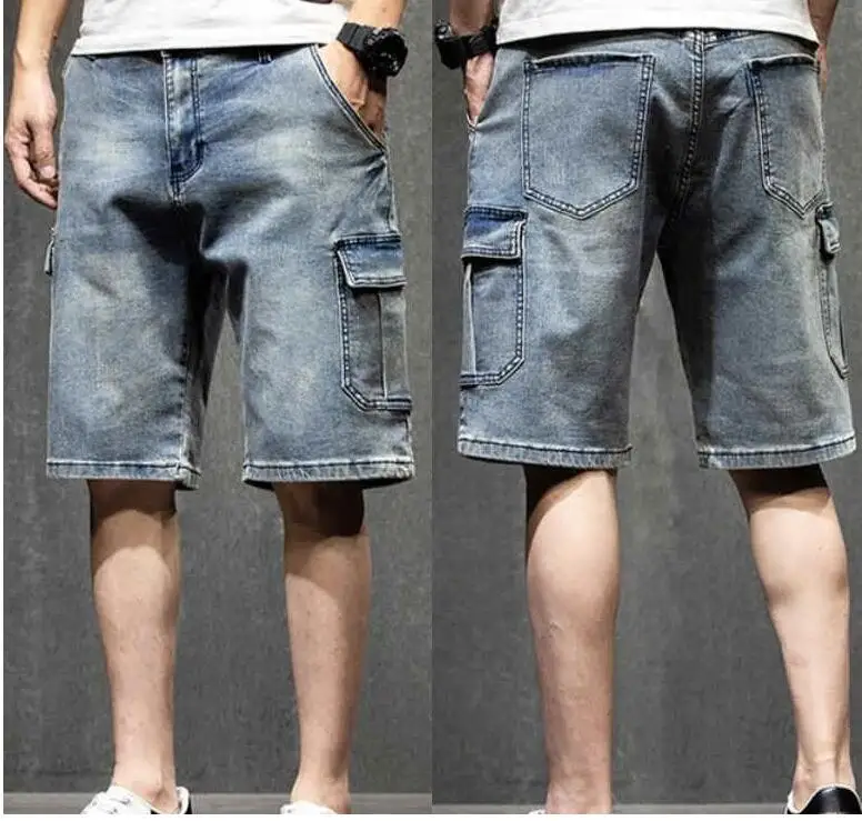 Men Loose Baggy Jeans Shorts Long 3/4 Capri Cargo Shorts Pocket Bermuda Male Multi-Pocket Denim
