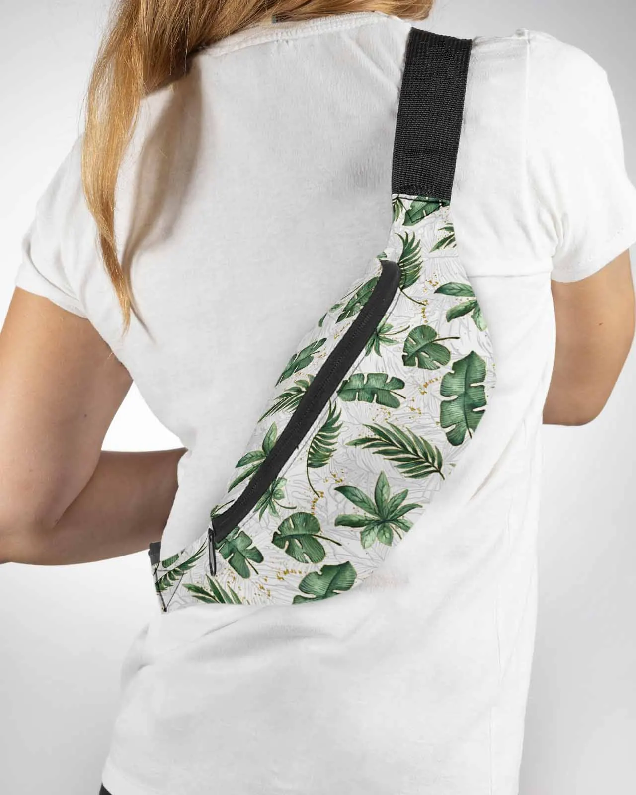 

Watercolor Tropical Plant Turtle Back Palm Leaves Phone Belt Bag Wallet Pouch Waterproof Waist Bag Fanny Pack for Women Men