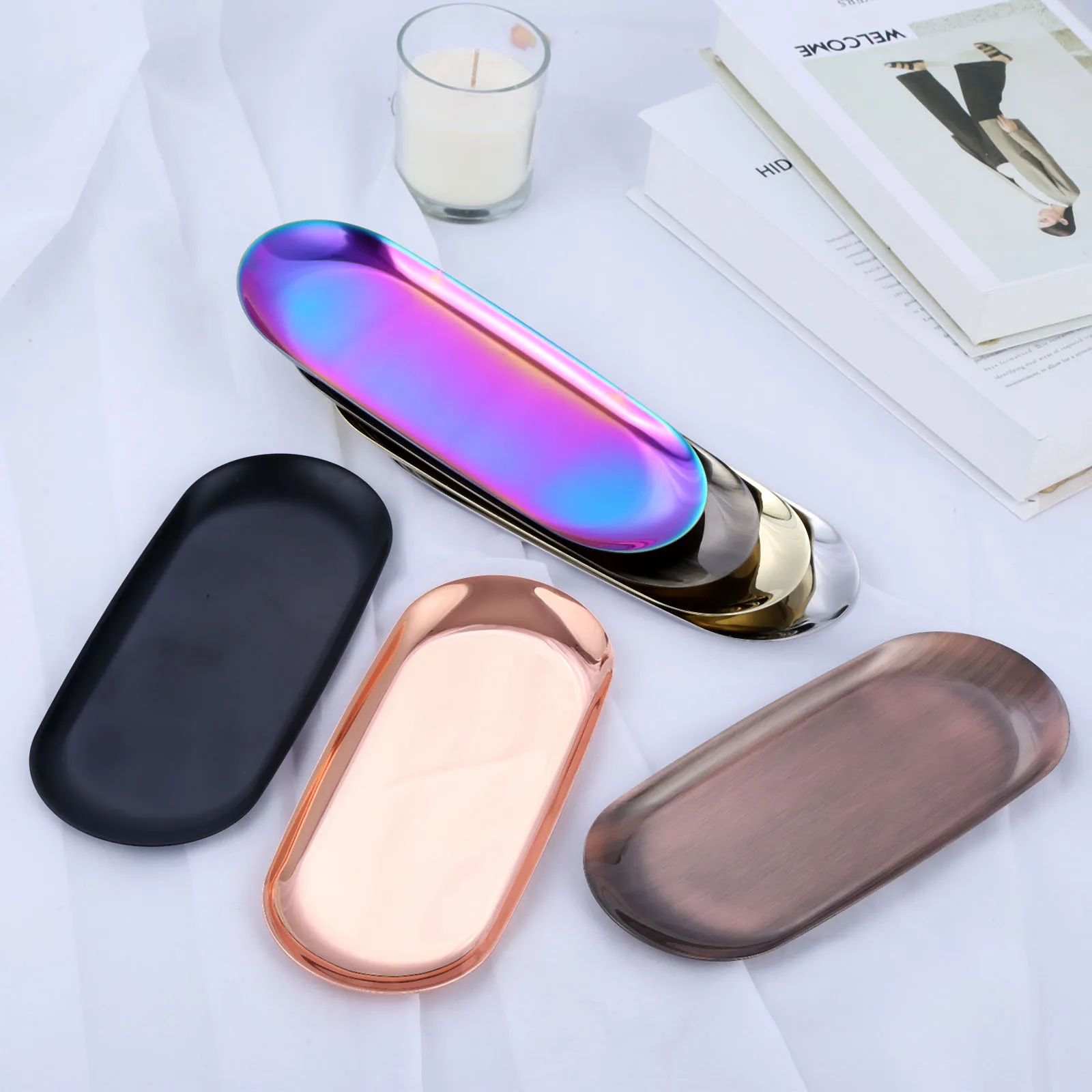 1Pc Stainless Steel Candle Tray Towel Storage Oval Dish Plate Cosmetics Jewelry Organizer Aromatherapy Home Decoration | Дом и сад