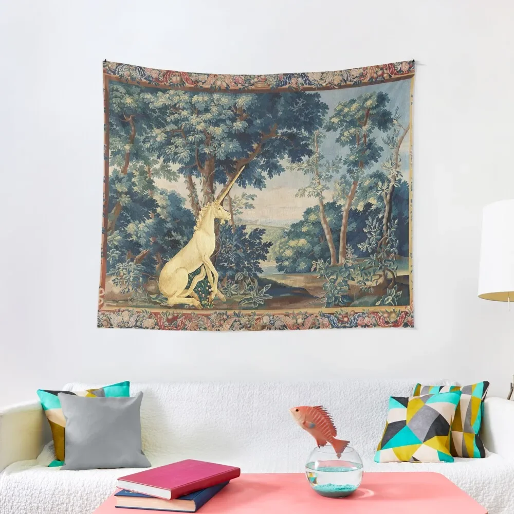 

UNICORN IN WOODLAND LANDSCAPE AMONG GREENERY AND TREES Tapestry Decorative Wall Murals Kawaii Room Decor Tapestry