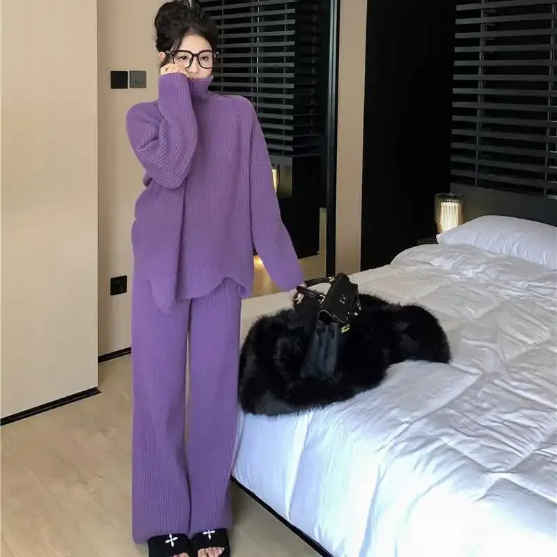 

Женские костюмы, осенне-зимний модный свободный свитер с высоким воротником и длинными рукавами, широкие брюки с высокой талией, комплект из 2 предметов, женские костюмы