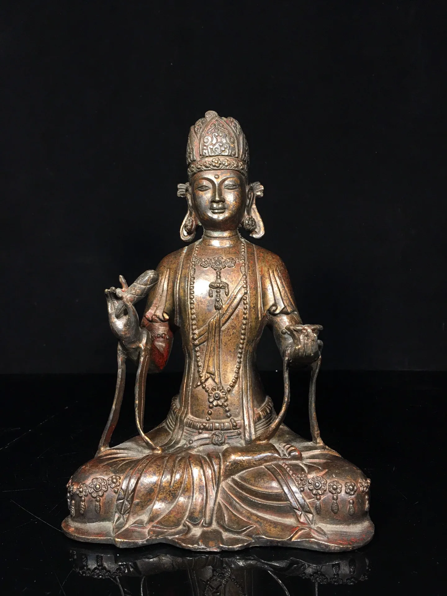 

9"Tibet Temple Collection Old Bronze Gilding Cinnabar wooden fish Guanyin Bodhisattva Buddha Amitabha Worship Hall Town house