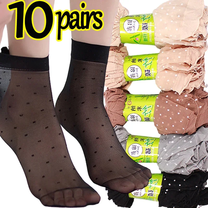 5-10Pairs-Dot-Silk-Socks-Women-Transparent-Thin-Breathable-Summer-Nylon ...