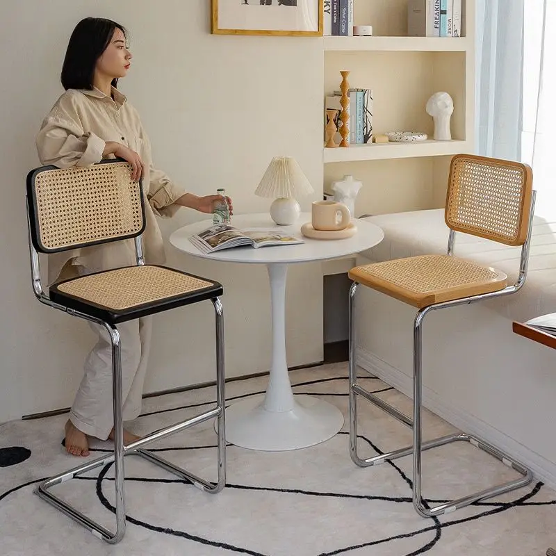 Nordic Solid Wood Rattan Bar Chair Home High Stool Simple Retro Bar Chair Front Desk High Furniture