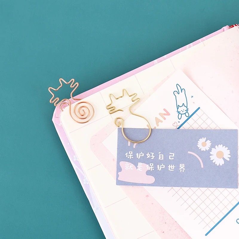 Creative gold Paper Clips cat Note Shape Metal Paperclip on Book Paper Students Stationery Office School Binding Supplies 10pcs