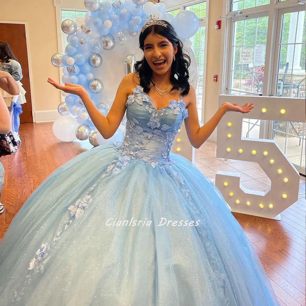 

Светильник-голубое женское бальное платье, платье Quinceanera, без рукавов, с 3D цветочной аппликацией, кружевной корсет, милая вечевечерние для девушек 15